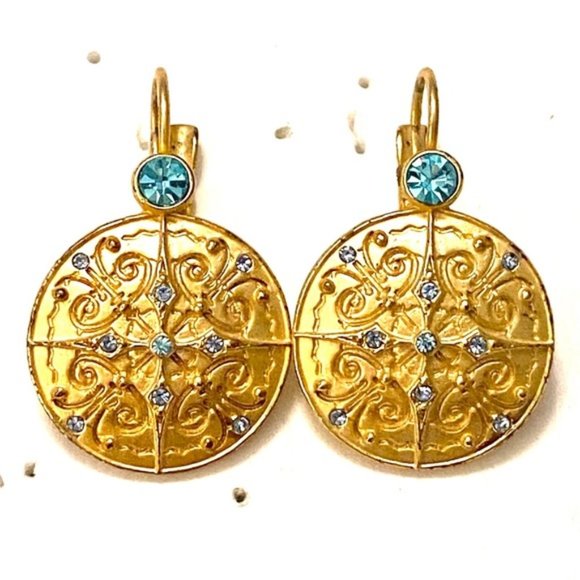 Etruscan 18k Plated Blue Topaz Rhinestone Medallion Coin Earrings - Picture 1 of 4